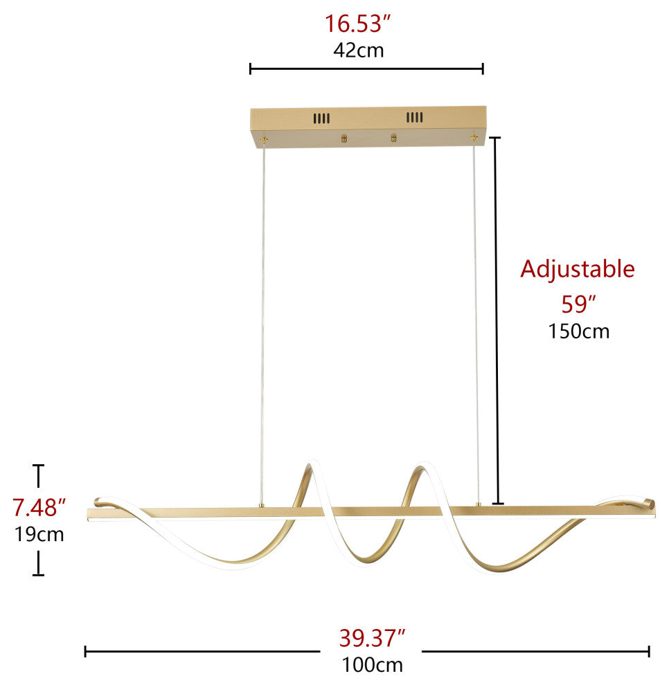 Modern Linear Wave Shape LED Pendant Lighting for Kitchen Island, Gold