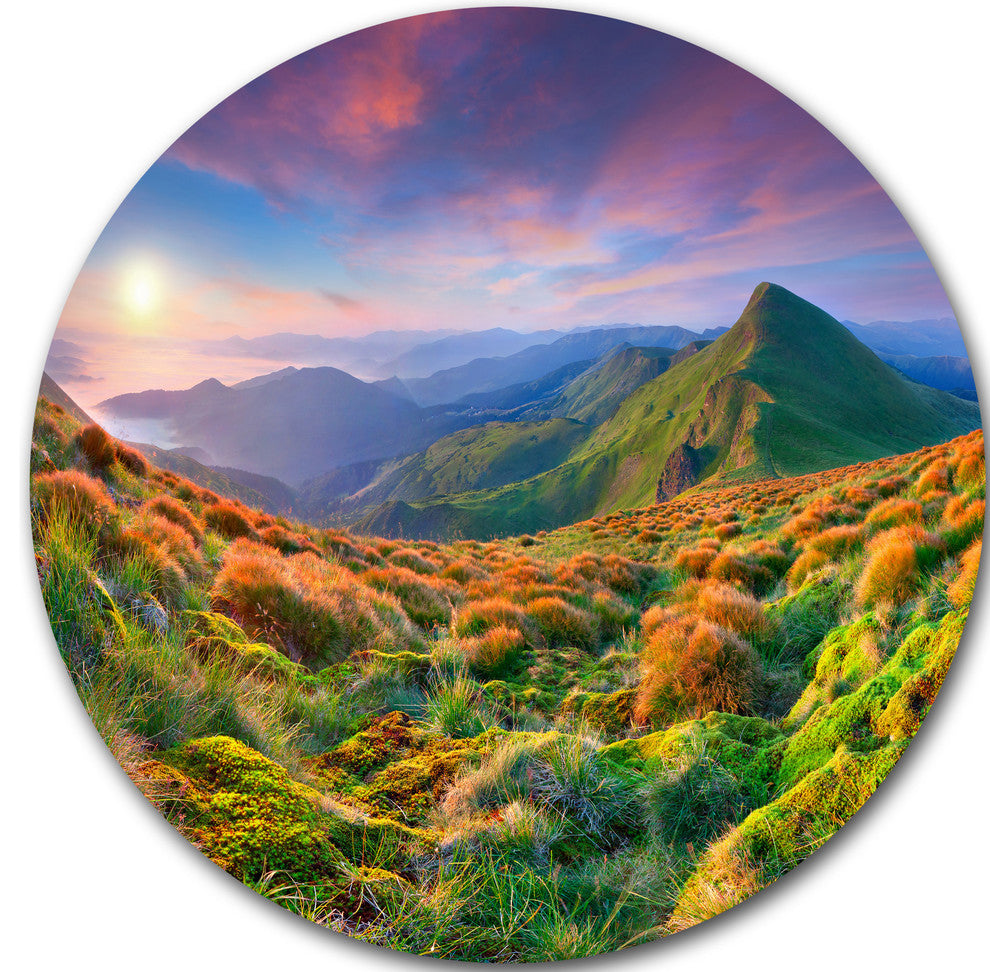 Purple Sky And Green Mountains, Landscape Photo Disc Metal Artwork, 11"