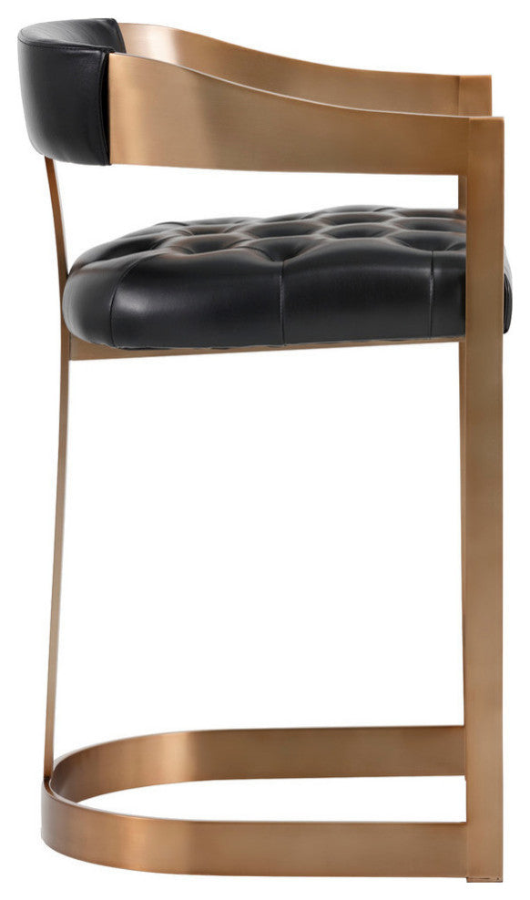 Beaumont Counter Stool, Antique Brass, Black Leather