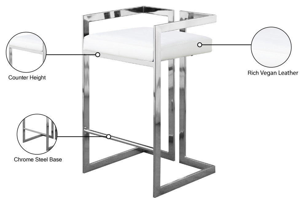 Ezra Counter Stool, Set of 2, White Vegan Leather, Chrome Base