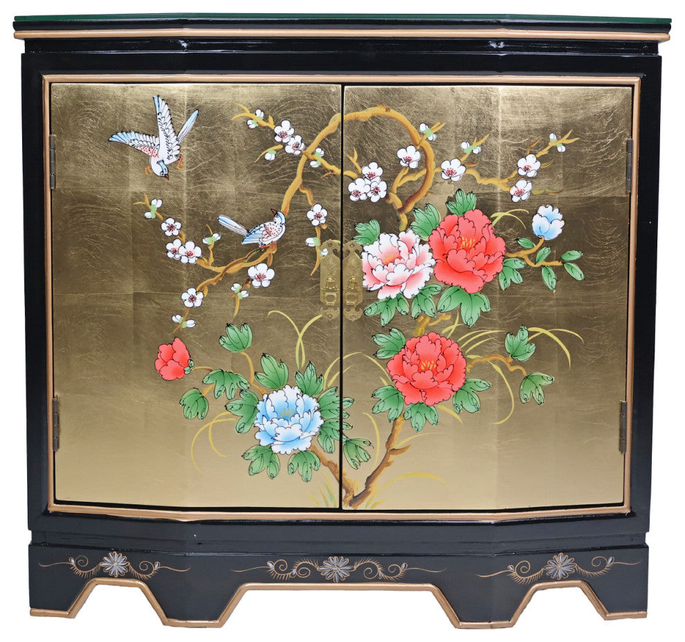 Slant Front Gold Leaf Hand-Painted Bird and Flower 2-Door Cabinet