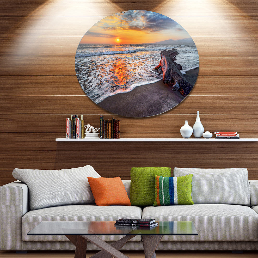 Fantastic Sandy Shore At Sunset, Seashore Art Disc Metal Artwork, 11"