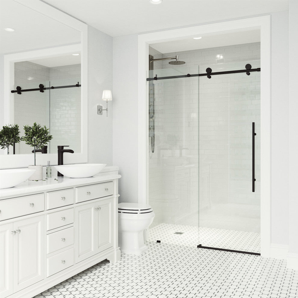 VIGO Elan E-Class 52" to 56" W x 76" H Frameless Sliding Shower Door, Matte Black, Clear Glass