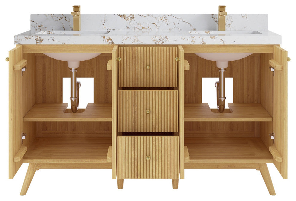 Pasadena 60 Double Sink Bathroom Vanity in Light Natural Teak 2" Viola Gold