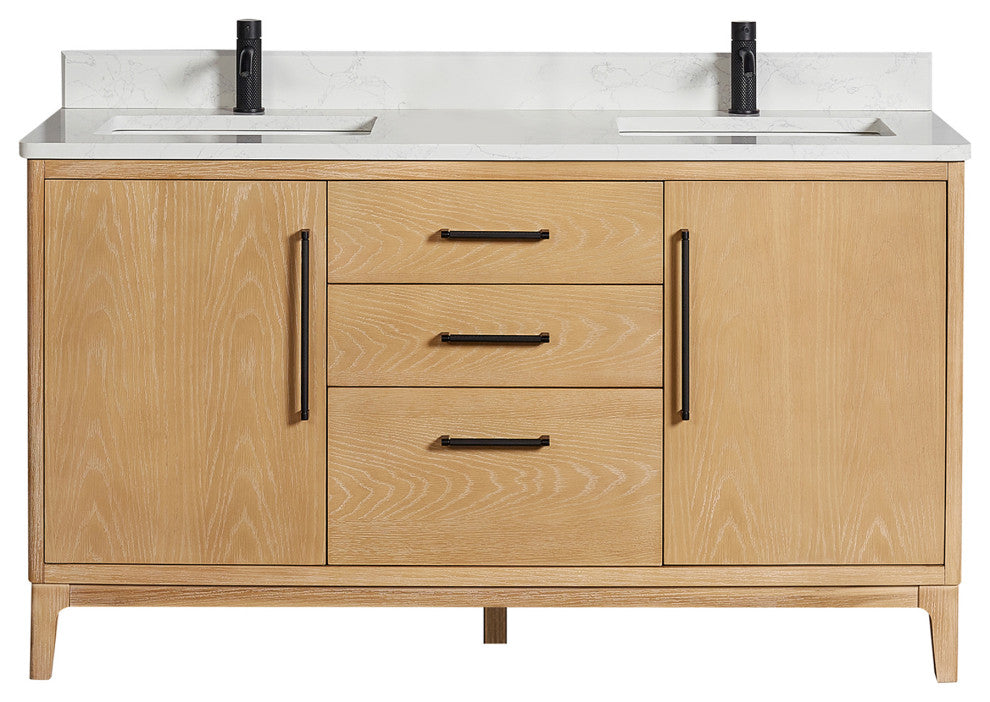 Gara Bath Vanity, Stone Top, Washed Ash Grey, 60", Double Vanity, No Mirror