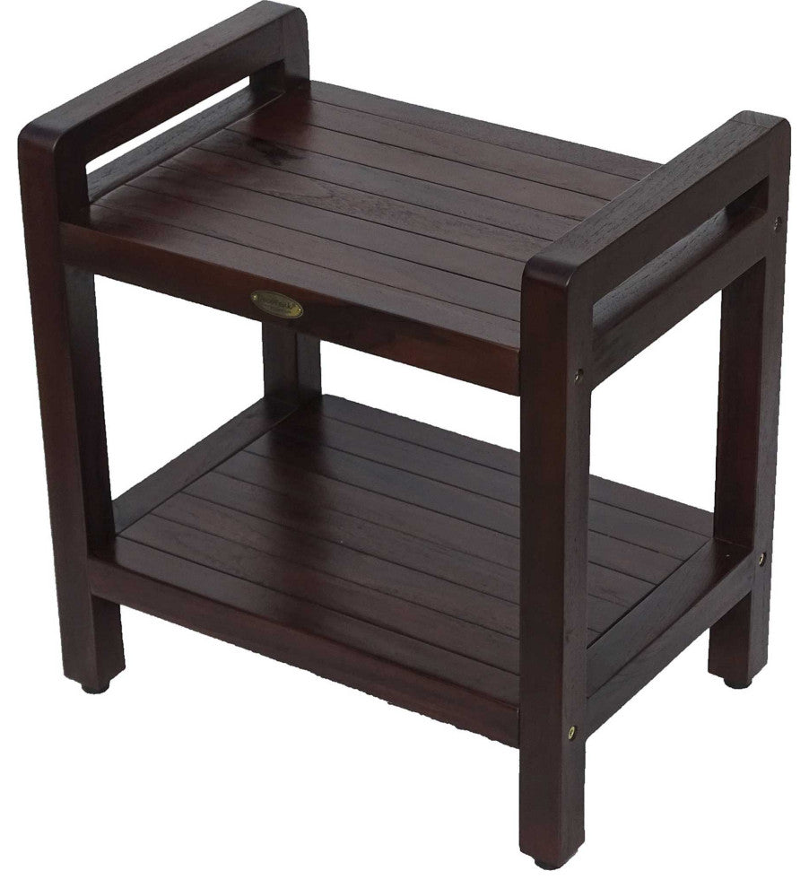 HomeRoots Rectangular Teak Shower Bench With Handles, Brown Finish