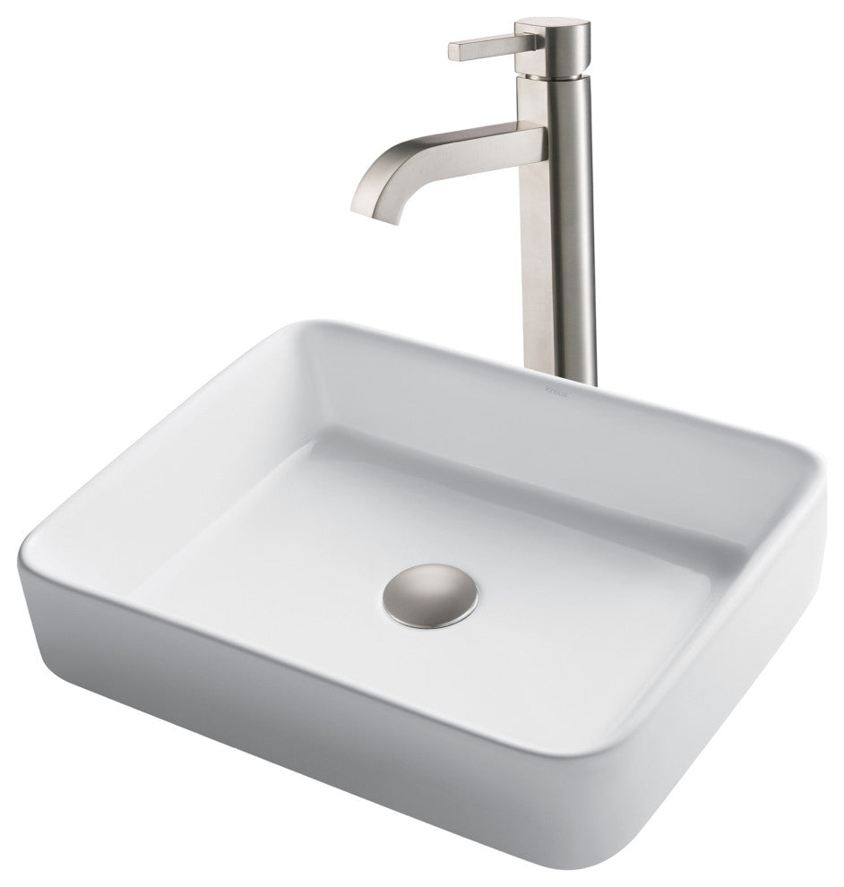 Elavo Square Ceramic Vessel Sink, Bathroom Ramus Faucet, PU Drain, Satin Nickel