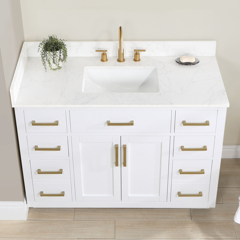 Gavino Vanity With Grain White Composite Stone Top, White/Brushed Gold, 48", No Mirror