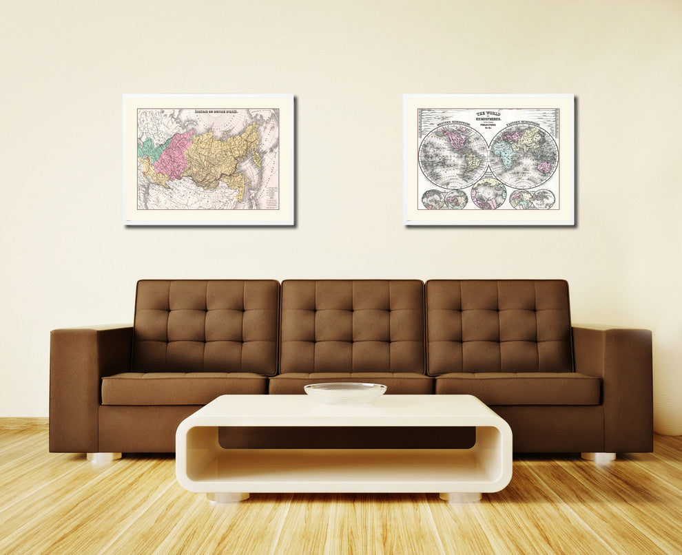 Russia Siberia Vintage Old Map Print On Canvas With Picture Frame 28" X 37"