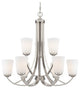 9-Light Chandelier, Brushed Nickel With Etched White Glass