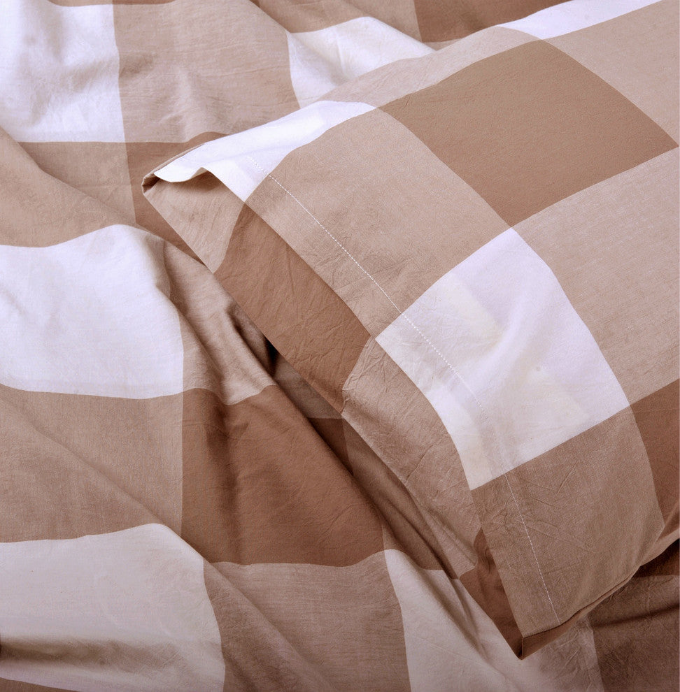 Gingham Washed Cotton 3 Piece Duvet Set, Coffee, King (102" X 90")