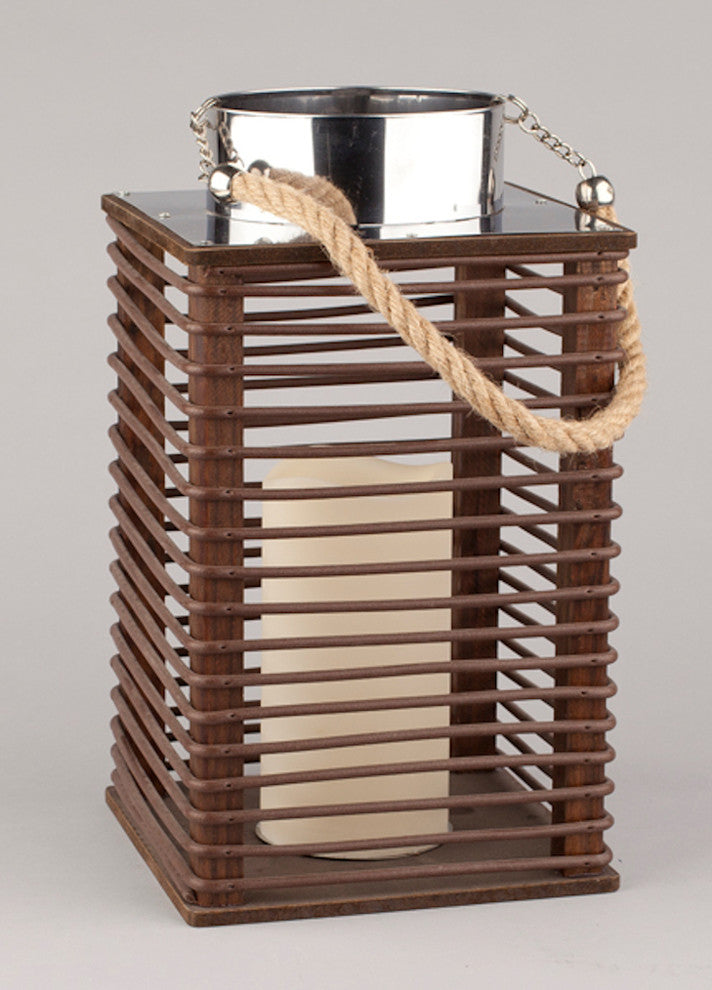 Contemporary Wooden Corded Lantern With LED Flameless Candle With Timer, 11.75"