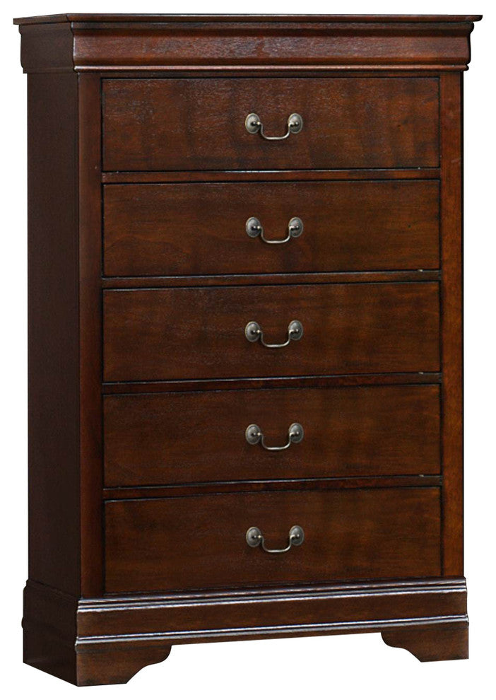 Benzara BM181935 5 Drawer Wooden Chest With Metal Hardware, Cherry Brown