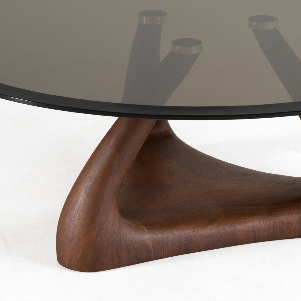Modrest Christy Mid-Century Modern Grey Glass, Walnut Round Coffee Table