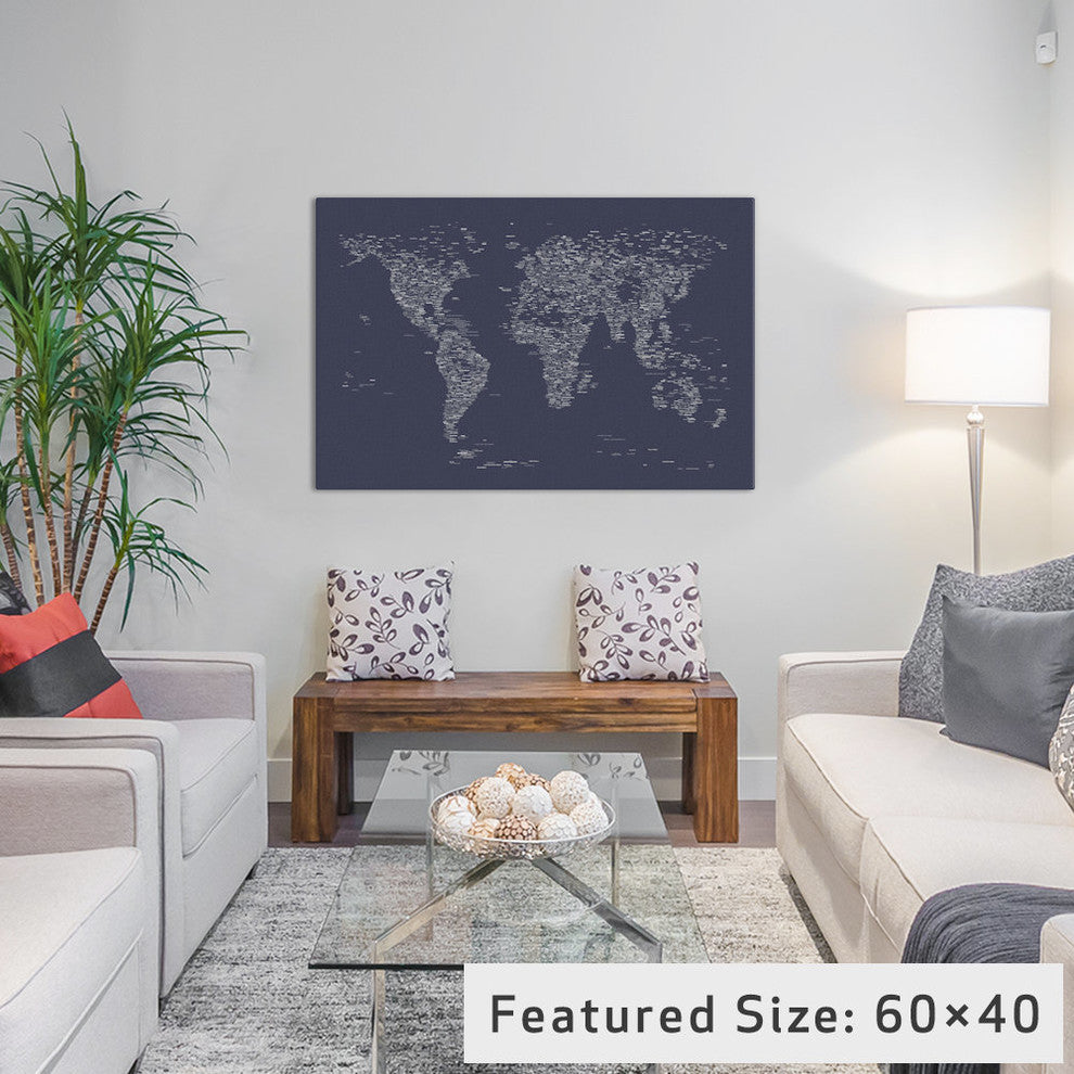 "Font World Map, Navy Blue" Wrapped Canvas Print, 40x26x1.5