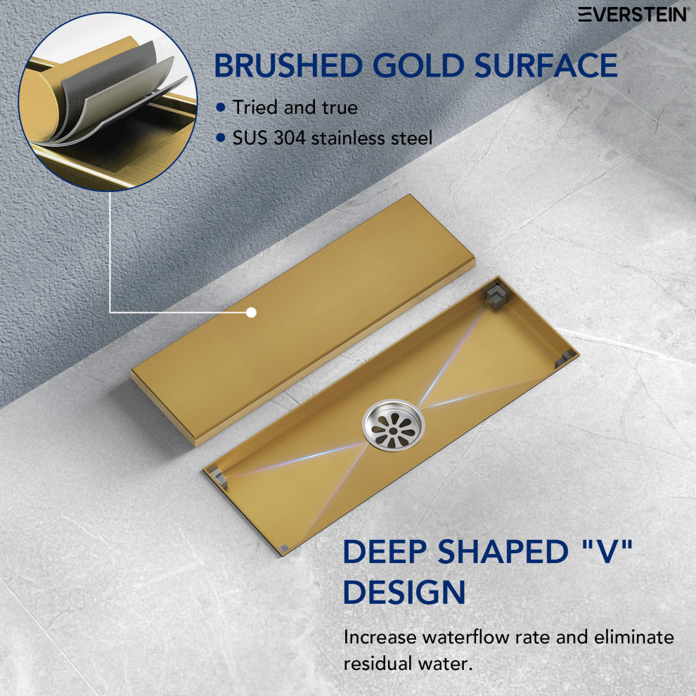 Linear Shower Drain with Hair Strainer and Reversible Tile Insert Cover, Brushed Gold