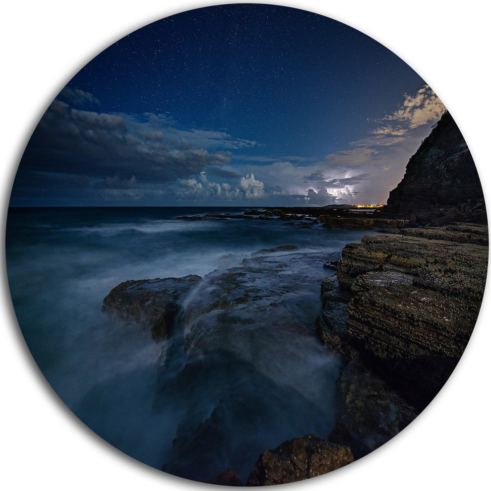 Rocky Blue Ocean At Nighttime, Seashore Round Wall Art, 23"