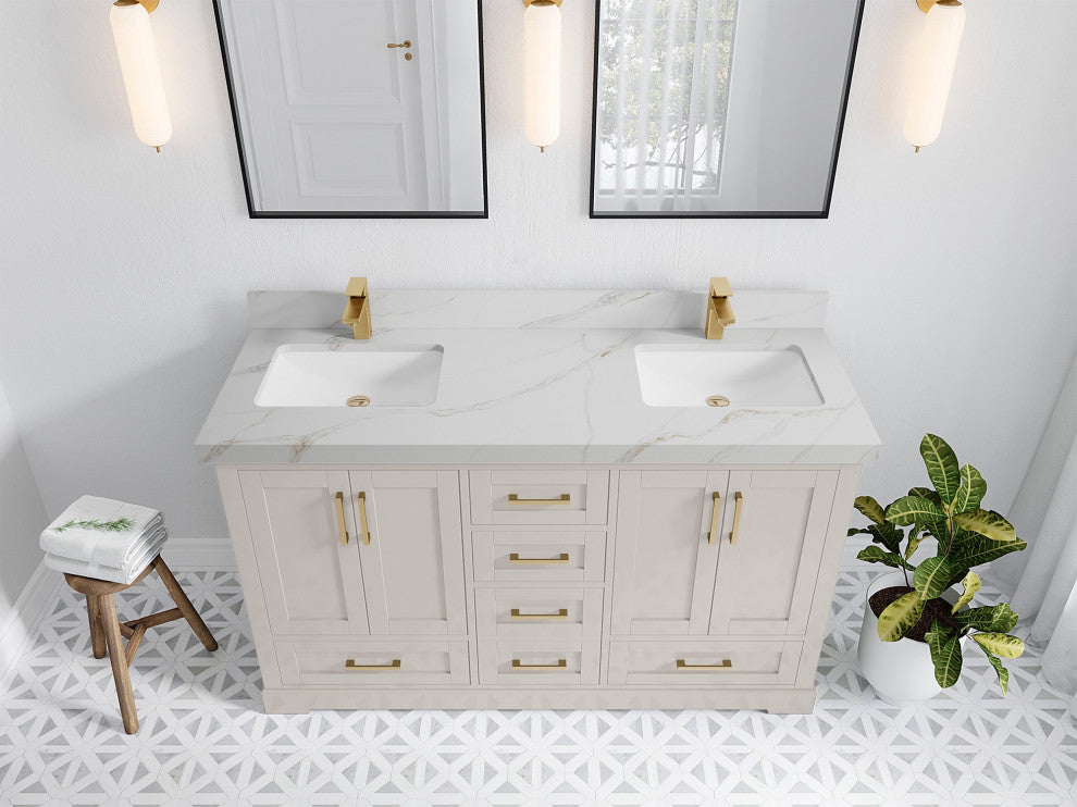 Boston 60" Double Bathroom Vanity in Fine Grain 2" Calacatta Sienna