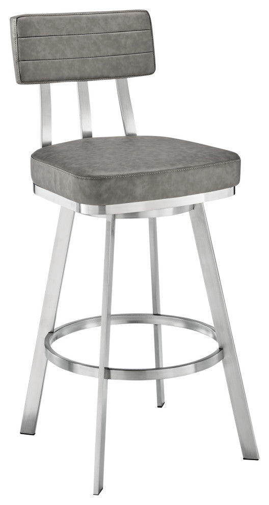 Jinab Swivel Bar Stool, Brushed Stainless Steel With Faux Leather, Gray