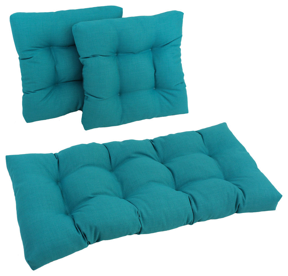 Square Outdoor Tufted Settee Cushions, 3-Piece Set, Aqua Blue