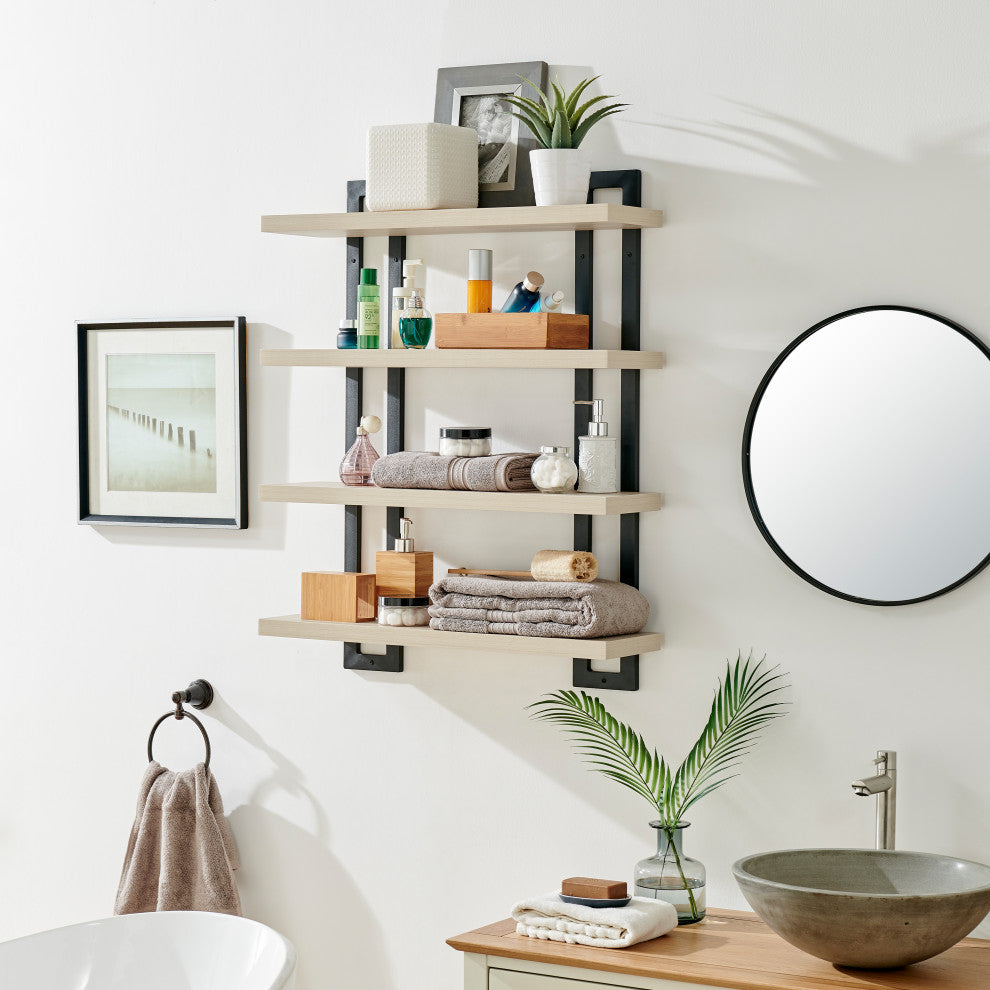 Danya B. 4-Tier Floating Bracket Wall Shelf Metal and MDF Finish, White Birch