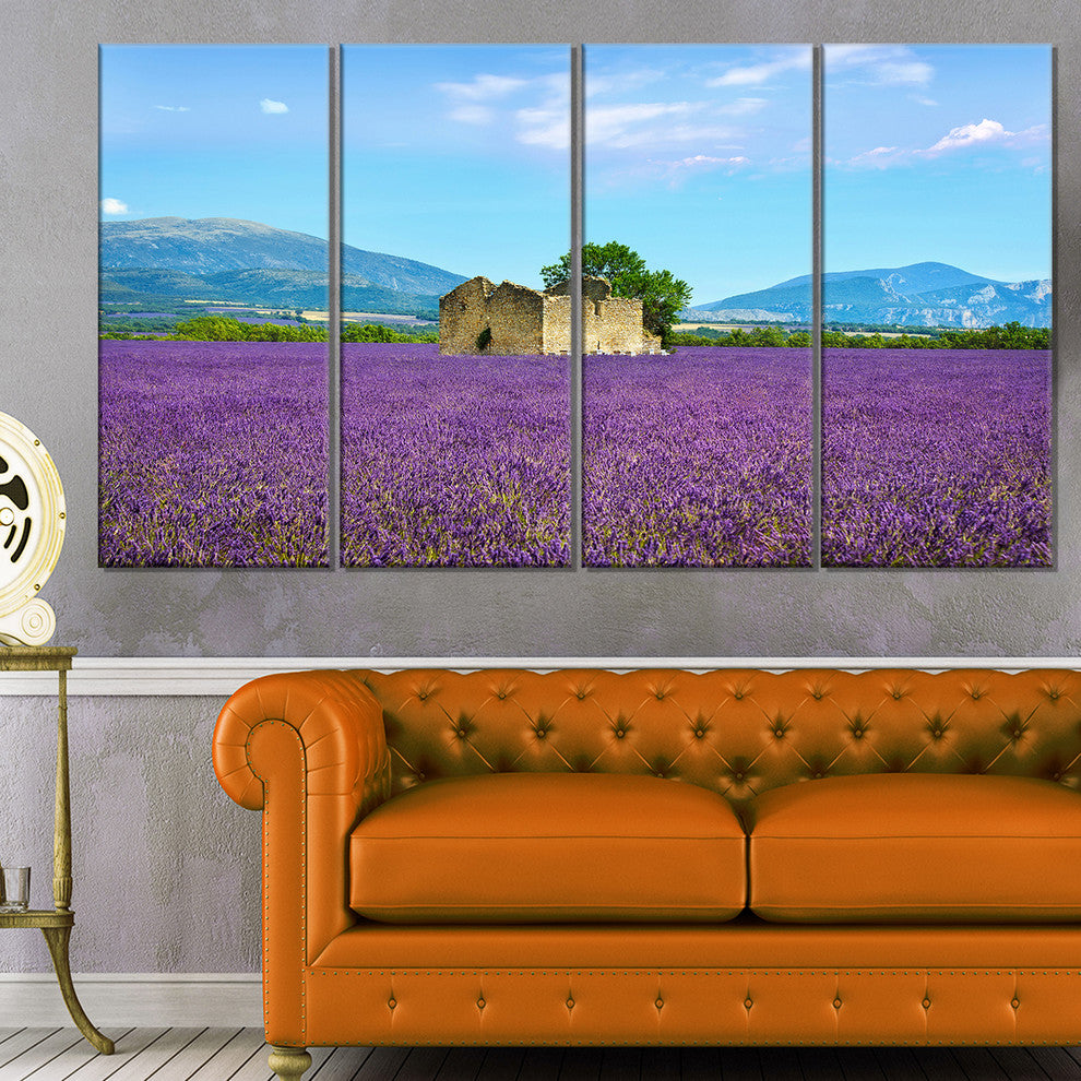 "Old House and Tree in Lavender Field" Landscape Wall Art, 4 Panels, 48"x28"