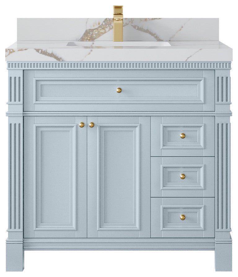 Paris 36" Center Sink Bathroom Vanity, Blue Heather 2" Calacatta Gold