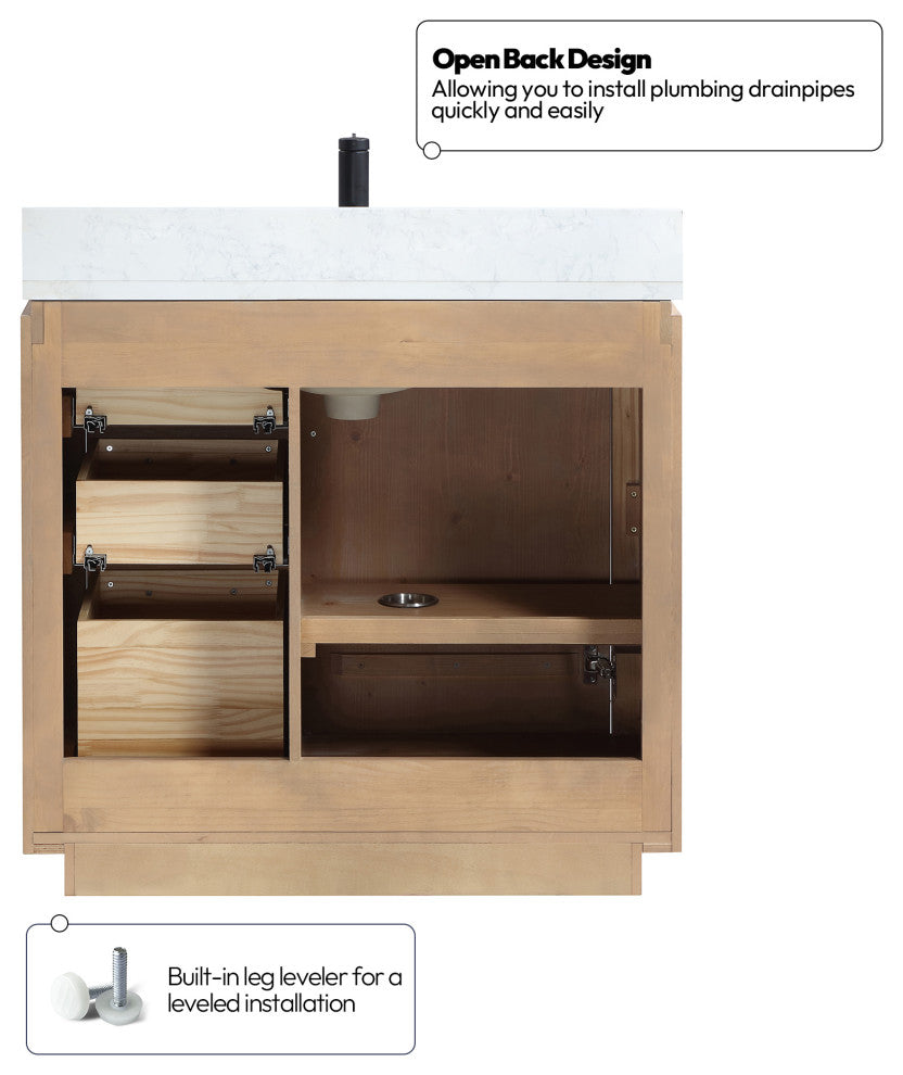 San Bath Vanity with Stone Top, Fir Wood Brown, 36", Single Vanity, With Mirror