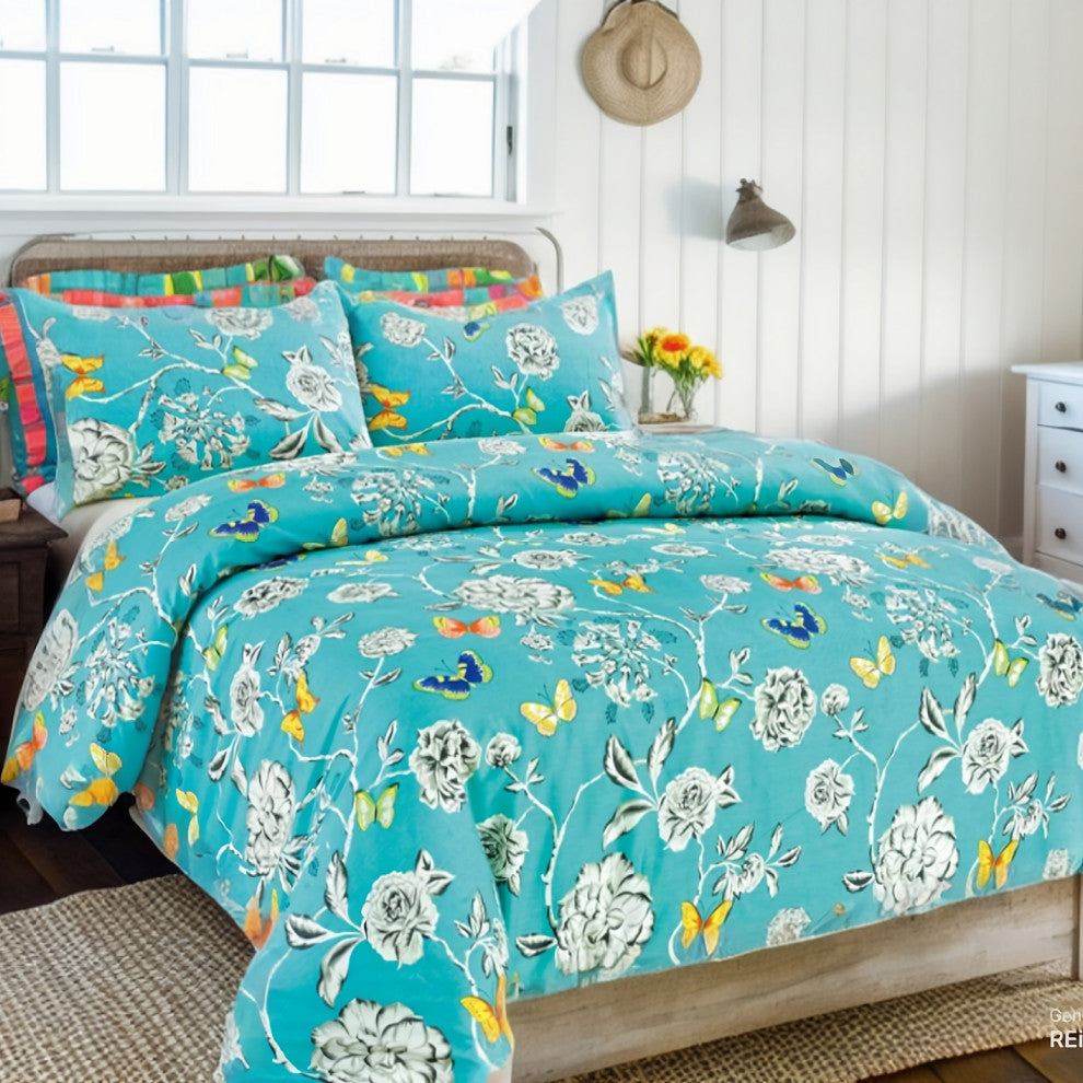 Tache Cotton Butterfly Wonderland Foral Colorful Cotton Blue Duvet Set, Queen