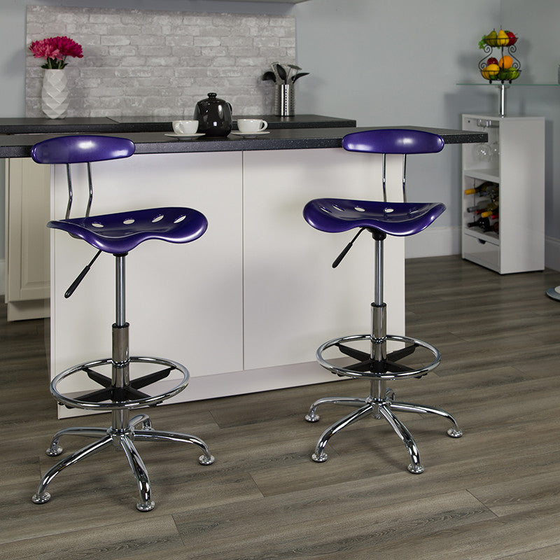 Vibrant Violet and Chrome Drafting Stool With Tractor Seat