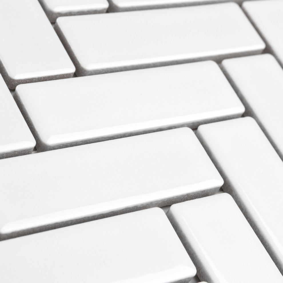 Metro Brick Herringbone Glossy White Porcelain Floor and Wall Tile
