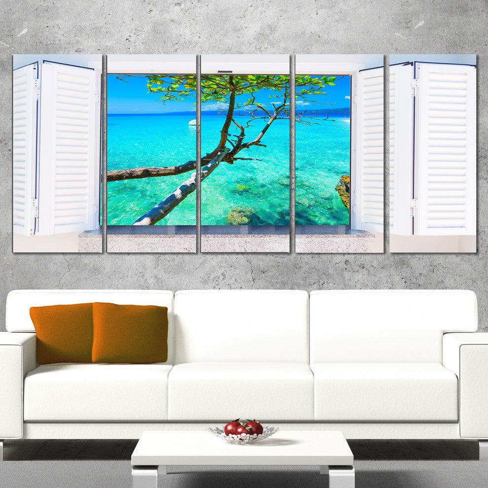 "Open Window To Gorgeous Seashore" Modern Seascape Wall Art, 5 Panels, 60"x28"