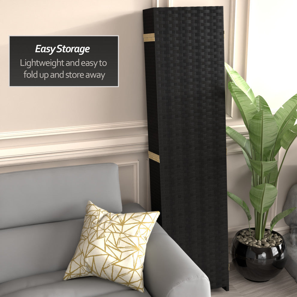 6' Tall Woven Fiber Room Divider, 8 Panel, Black