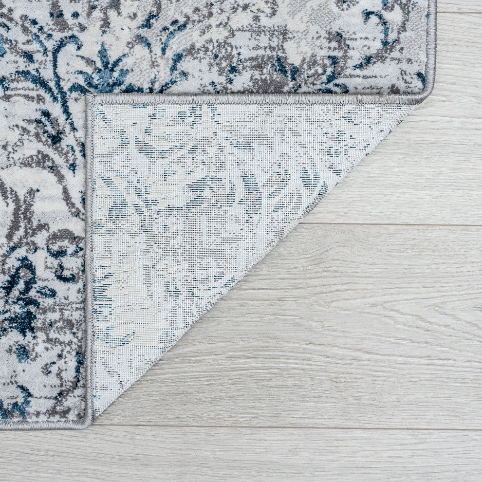 Kathryn Transitional Damask Area Rug, Blue, 5'x7'