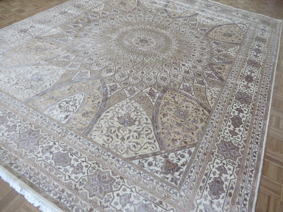 11'8x15, Hand-Knotted, Ivory Persian Tabriz Gombad With Silk Oriental Rug