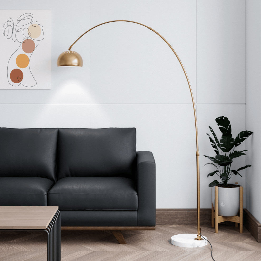 Leisuremod Arco Floor Lamp With White Marble Base and Metal Lamp Shade, Gold