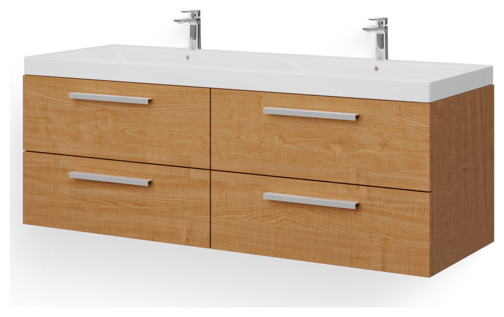 The Aeris Bathroom Vanity, Oak, 55", Double Sink, Wall Mount