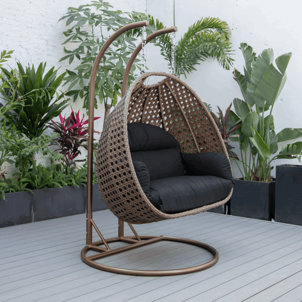 LeisureMod Mendoza Dark Brown Wicker Hanging Double Egg Swing Chair, Dark Gray