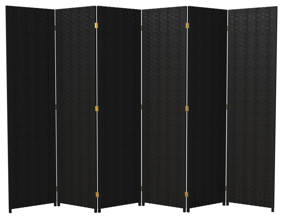 6' Tall Woven Fiber Room Divider, 6 Panel, Black