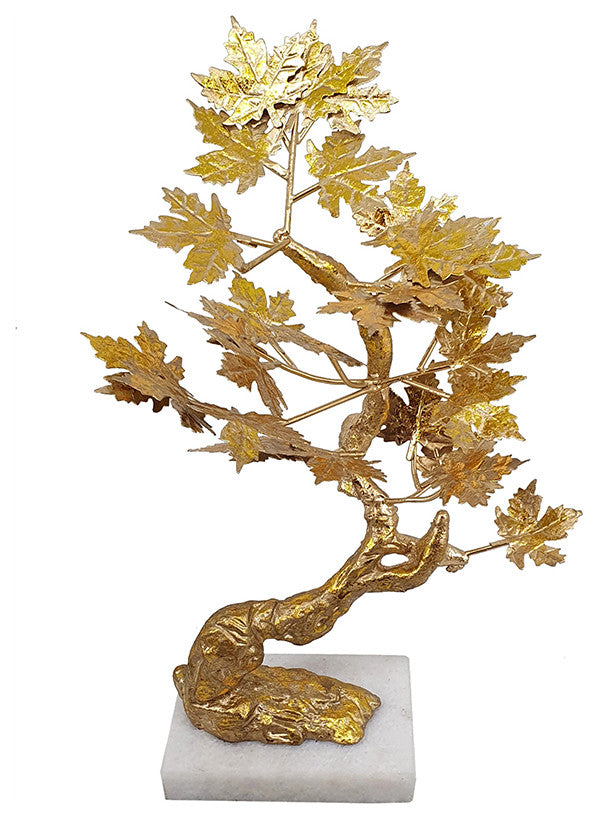 Benzara BM285580 17" Maple Tree Accent Decor With Leaves, Marble Base, Gold