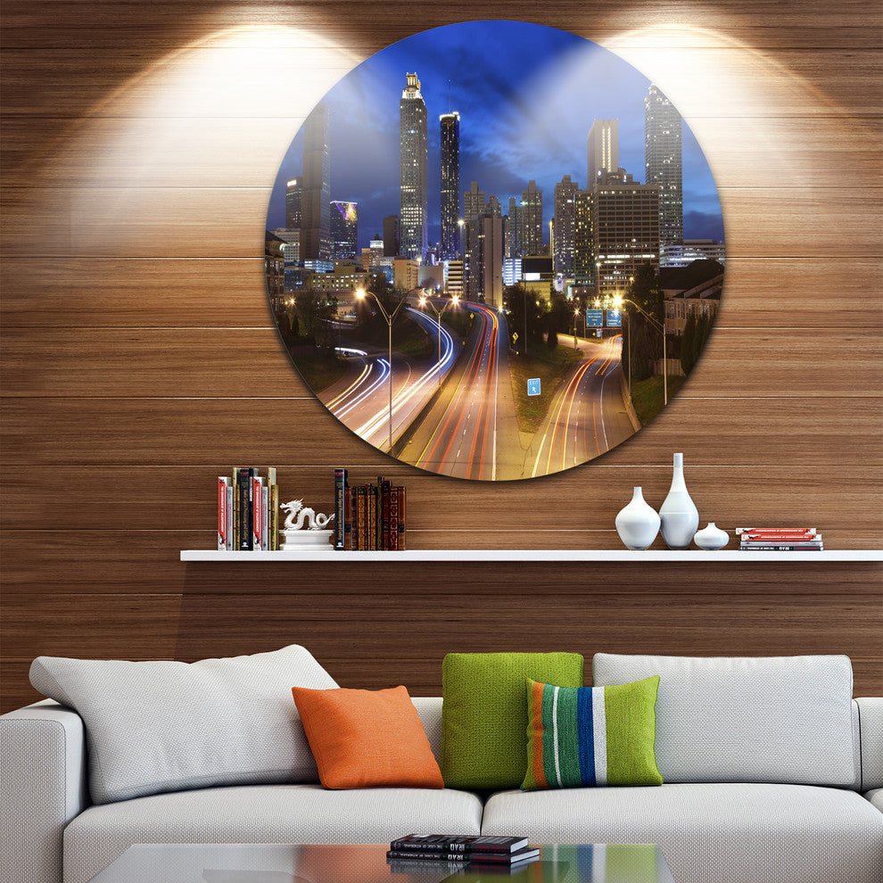 Atlanta Skyline Twilight Blue Hour, Cityscape Disc Metal Wall Art, 36"