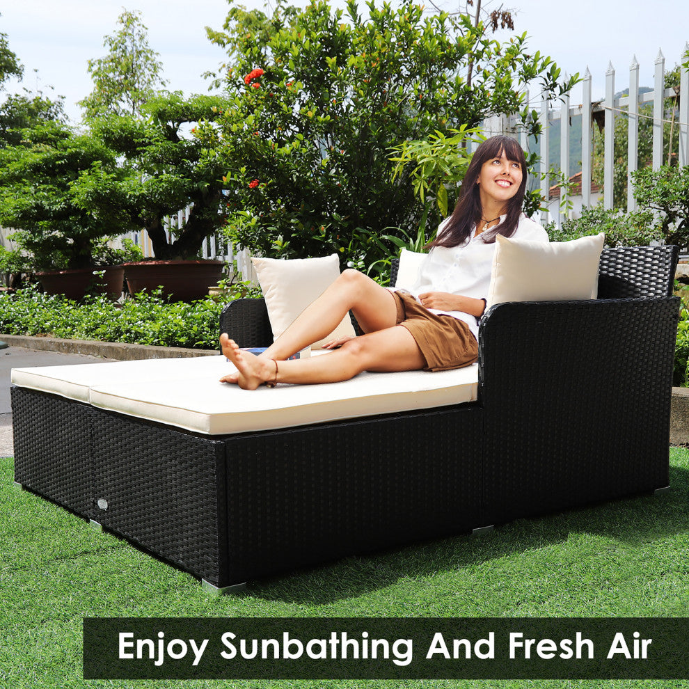 Costway Outdoor Patio Rattan Daybed Pillows Cushioned Sofa Furniture Biege