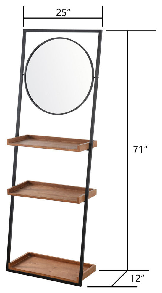 Lena Decorative Standing Shelves Round Mirror Wood Brown Finish