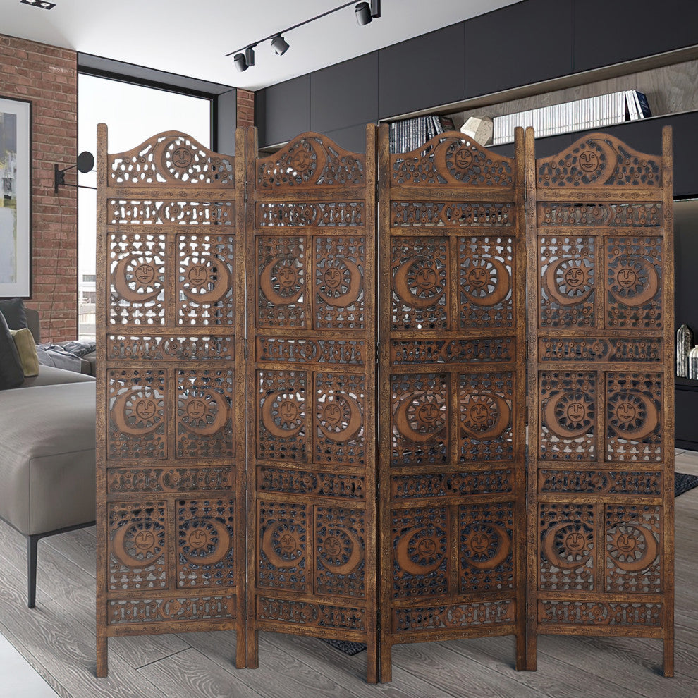 71" 4 Panel Mango Wood Room Divider Hand Carved Sun and Moon Design Brown