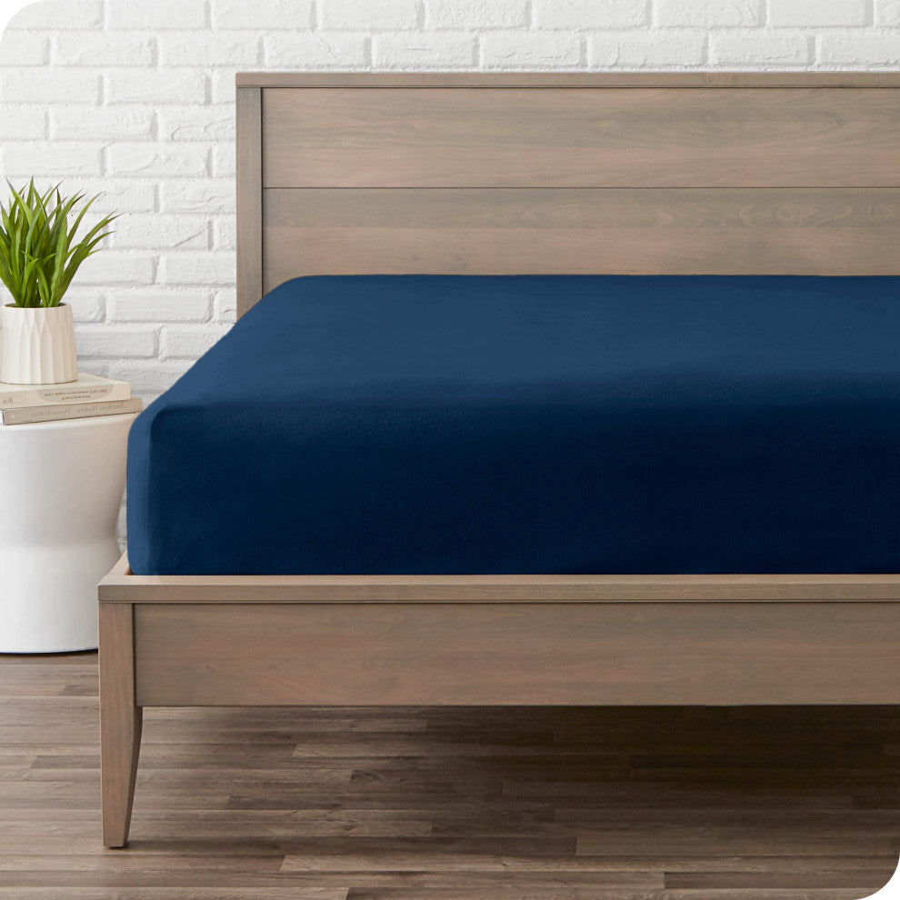 Bare Home Fleece Fitted Bottom Sheet, Dark Blue, Queen