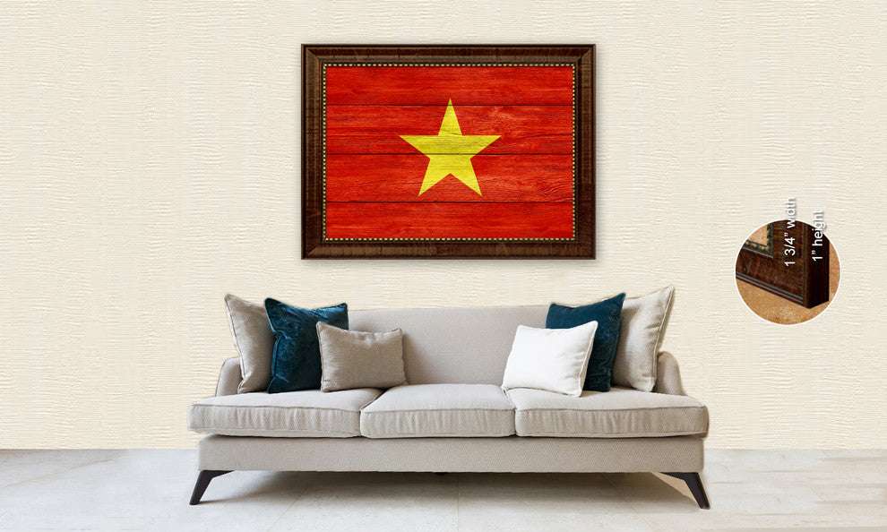 Vietnam Country Textured Flag Print With Brown Gold Frame, 15"X21"