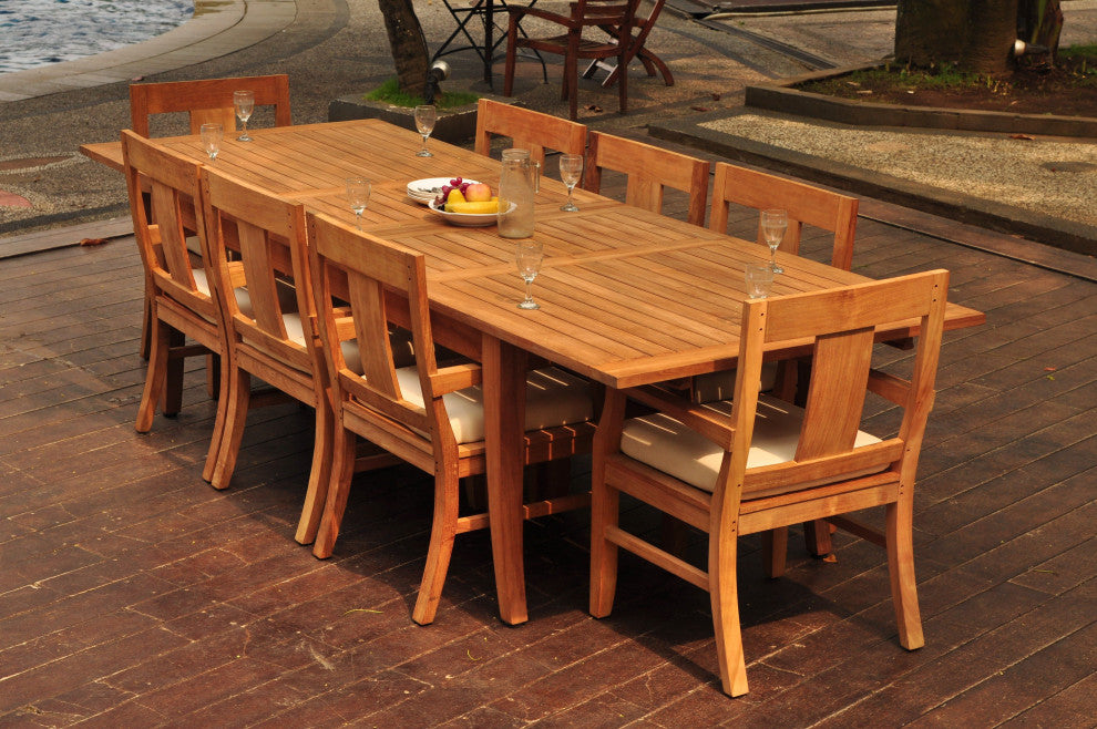9-Piece Outdoor Teak Dining Set, 122" X-Large Rectangle Table, 8 Osbo Arm Chairs