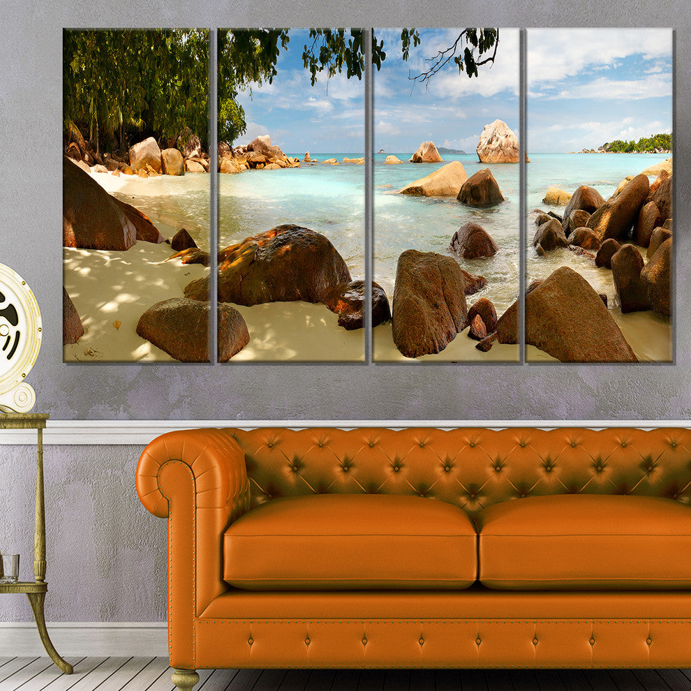 "Tropical Rocky Beach Panorama" Wall Art Landscape, 4 Panels, 48"x28"