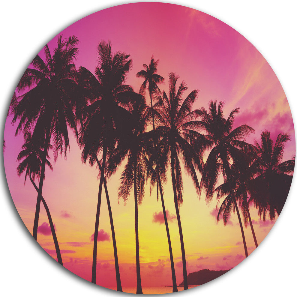 Row Of Beautiful Palms Under Magenta Sky, Disc Artwork Landscape, 23"