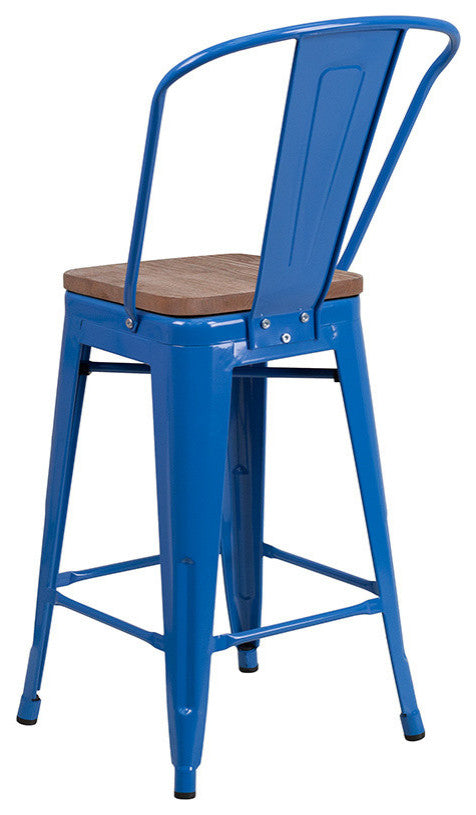 24" High Blue Metal Counter Height Stool With Back and Wood Seat